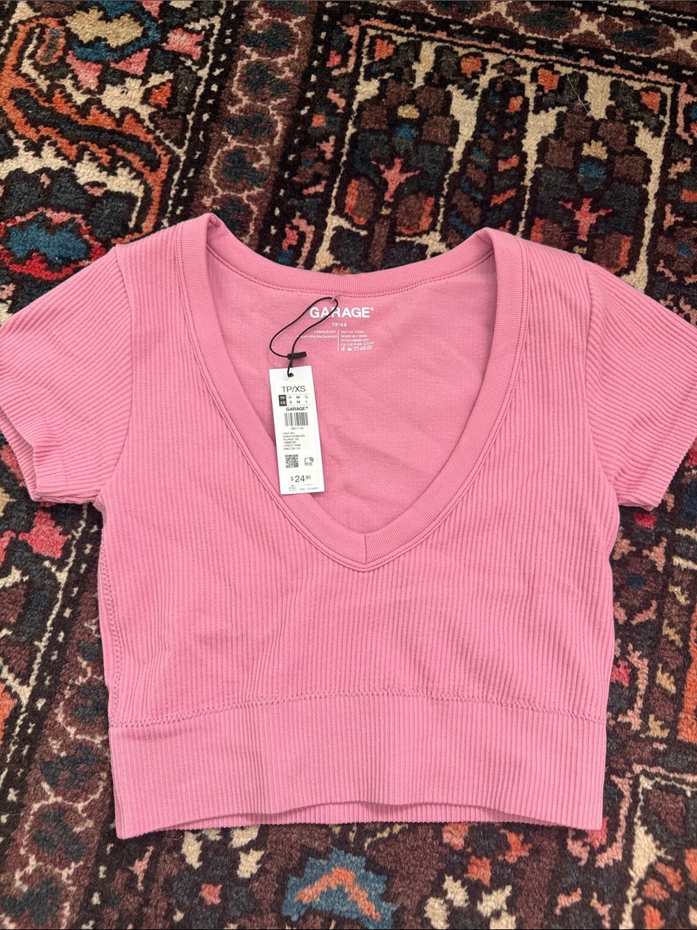 Garage Pink Ribbed V-Neck Cropped Tee